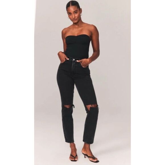 ABERCROMBIE & FITCH 90's Straight Ultra High-Rise Jeans, Black Destroy, Sz 28/6 - Picture 1 of 13